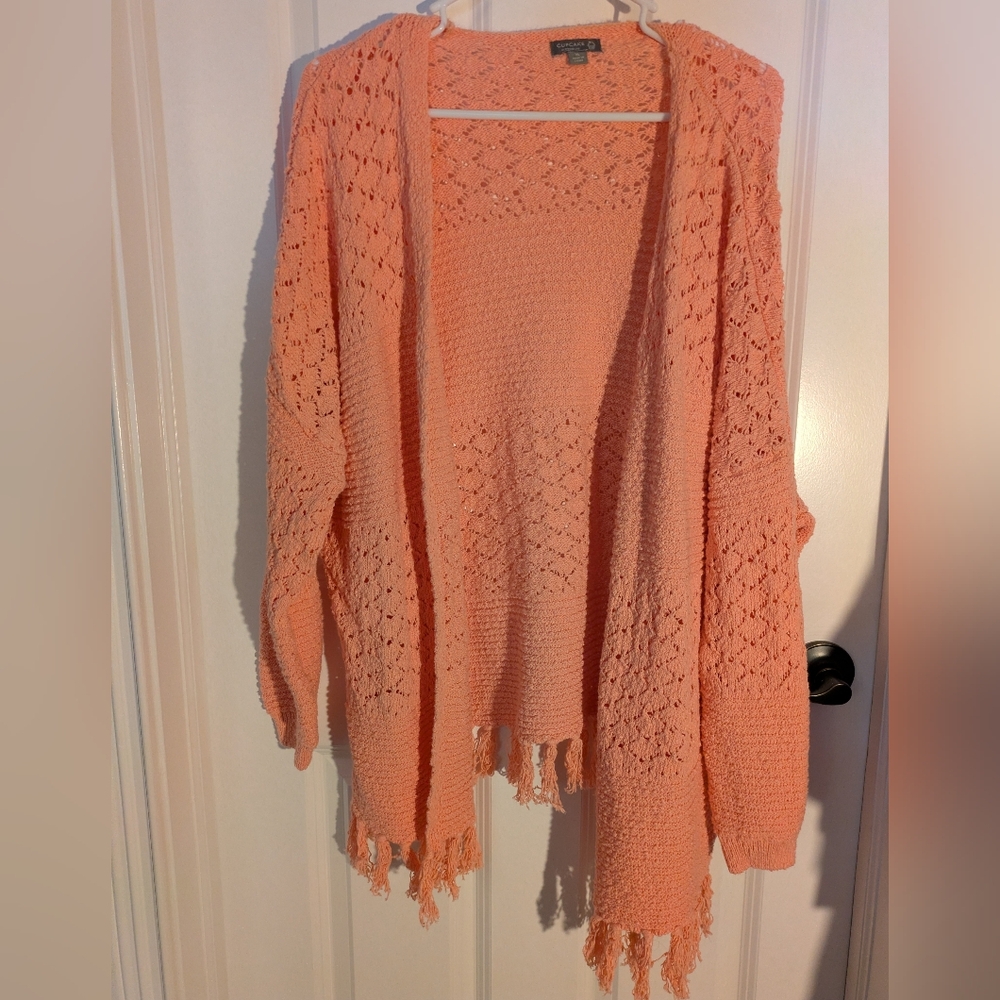 Open-Front Pink Fringe Crochet Cardigan Sweater